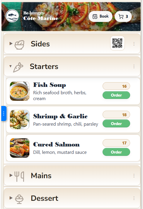 TapTray customer menu on mobile